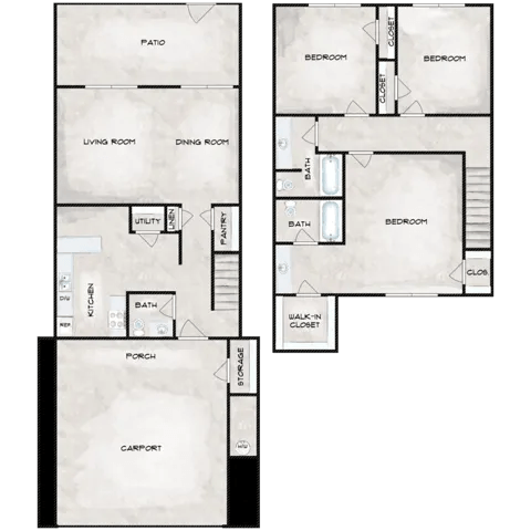 A floor plan of a house with a patio, two bedrooms, a living room, a dining room, a kitchen, a bath, a walk-in closet, a porch, and a carport.